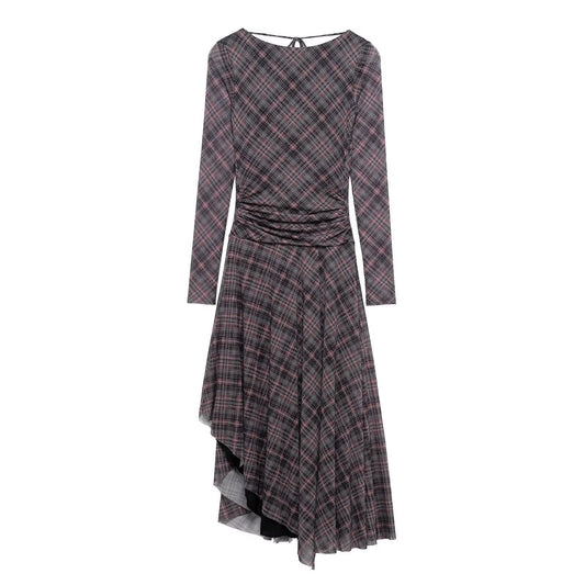Women Backless V neck Sexy Plaid Pleated Silk Net Long Sleeve Dress