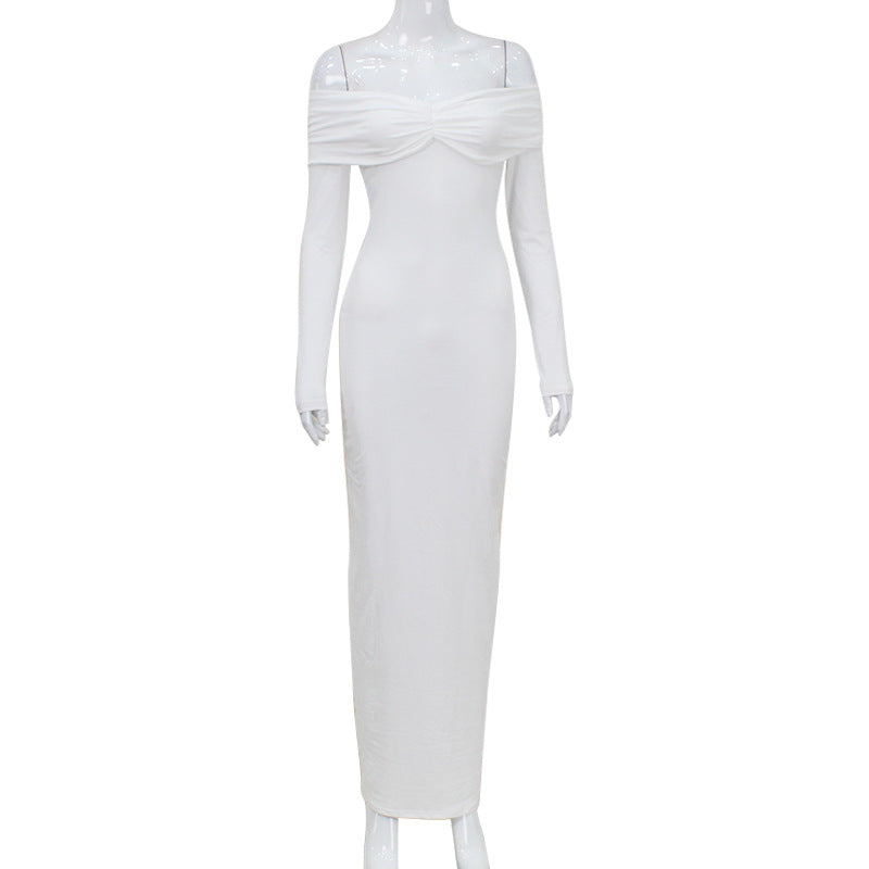 Vestido elegante plisado de color liso con hombros descubiertos y manga larga para otoño e invierno para mujer