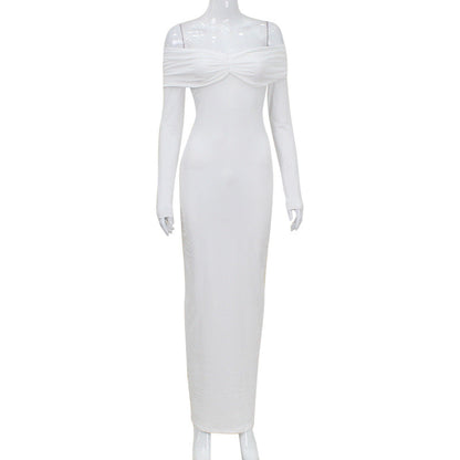 Vestido elegante plisado de color liso con hombros descubiertos y manga larga para otoño e invierno para mujer