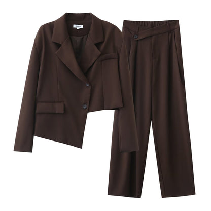 Conjunto de blazer corto con diseño asimétrico irregular para otoño e invierno, pantalones de pierna ancha y cintura alta