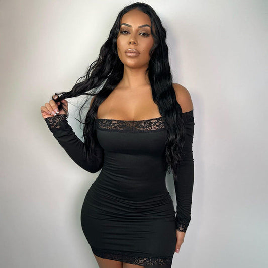 Women’s Clothing Lace Stitching Solid Color Basic Skinny Sheath off-Neck Tube Top Long Sleeve Dress Dress