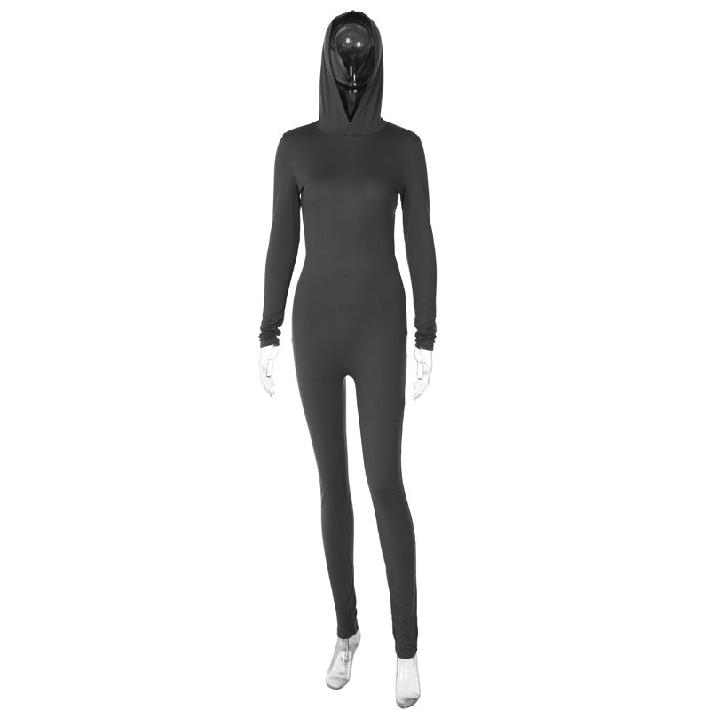 Mono deportivo ajustado de invierno para mujer, de manga larga, con capucha y espalda descubierta, color liso
