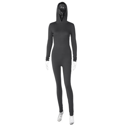 Mono deportivo ajustado de invierno para mujer, de manga larga, con capucha y espalda descubierta, color liso
