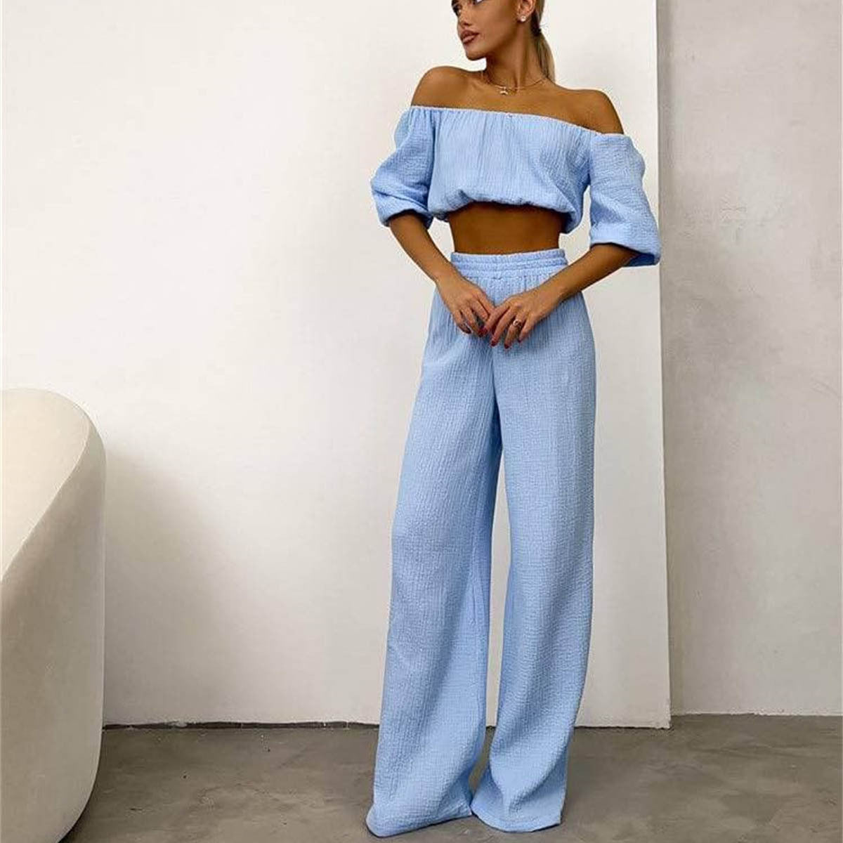 Traje informal de dos piezas para mujer, de verano, de algodón puro, color sólido, con cuello halter, manga corta, cintura alta, pantalones anchos y pierna.