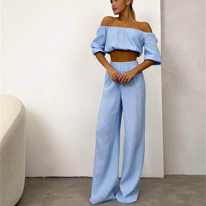 Traje informal de dos piezas para mujer, de verano, de algodón puro, color sólido, con cuello halter, manga corta, cintura alta, pantalones anchos y pierna.