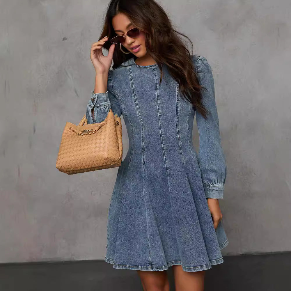 Vestido vaquero de manga larga con cintura ajustada y retazos informales de otoño para mujer