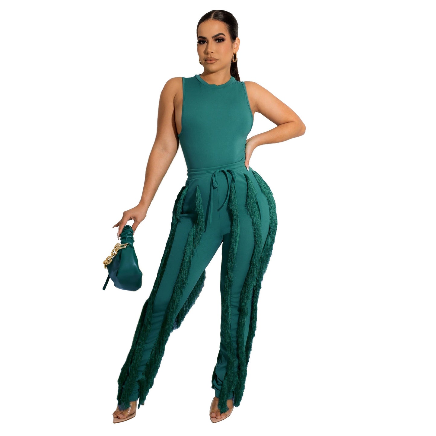 Conjunto de dos piezas para mujer, pantalón con borlas, sin mangas, informal, de encaje, sexy, para verano