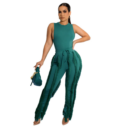 Conjunto de dos piezas para mujer, pantalón con borlas, sin mangas, informal, de encaje, sexy, para verano