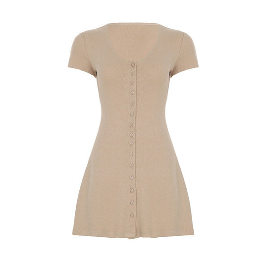 Summer Solid Color Basic Street Breasted Cinched Short Dress A line Dress Sexy Casual Knitted Short Sleeve Dress