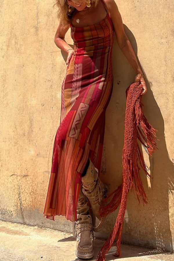 Vestido sexy de tul con tirantes finos, estampado sin mangas y elástico