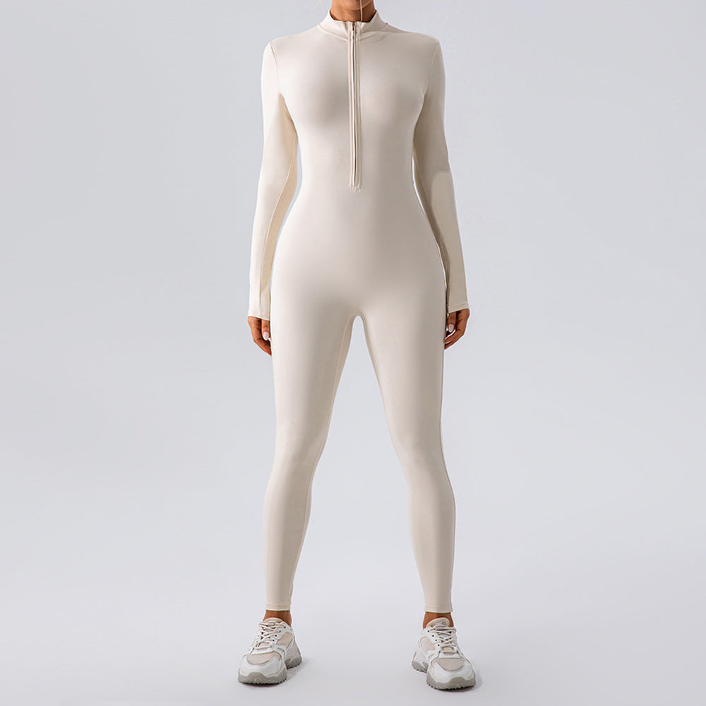 Mono de yoga de manga larga con cremallera y tacto nude para mujer, mono de una pieza para entrenamiento deportivo y fitness.