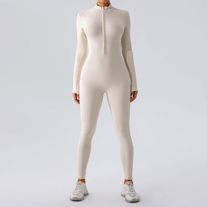 Mono de yoga de manga larga con cremallera y tacto nude para mujer, mono de una pieza para entrenamiento deportivo y fitness.