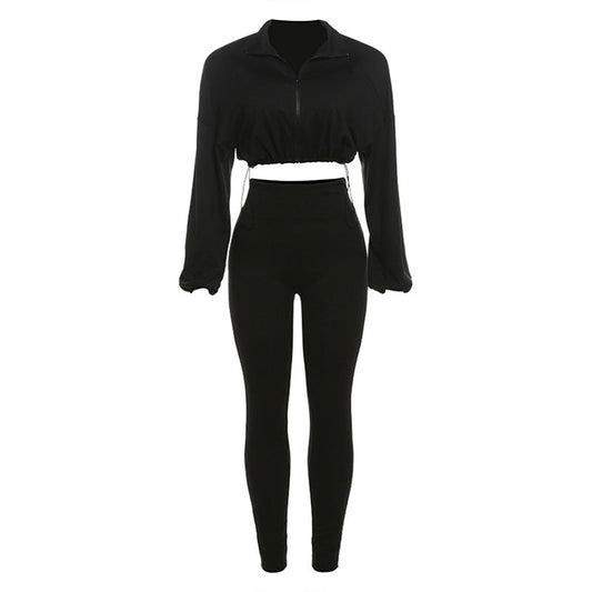 Traje de primavera y otoño para mujer, sexy, con cordón en la cintura, top corto y pantalones ajustados de cintura alta