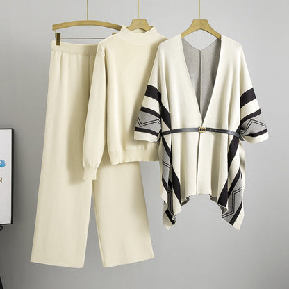 Conjunto de tres piezas de cárdigan de punto con cuello alto y pantalones de pierna ancha para mujer, elegante y a la moda, de primavera