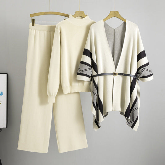 Conjunto de tres piezas de cárdigan de punto con cuello alto y pantalones de pierna ancha para mujer, elegante y a la moda, de primavera