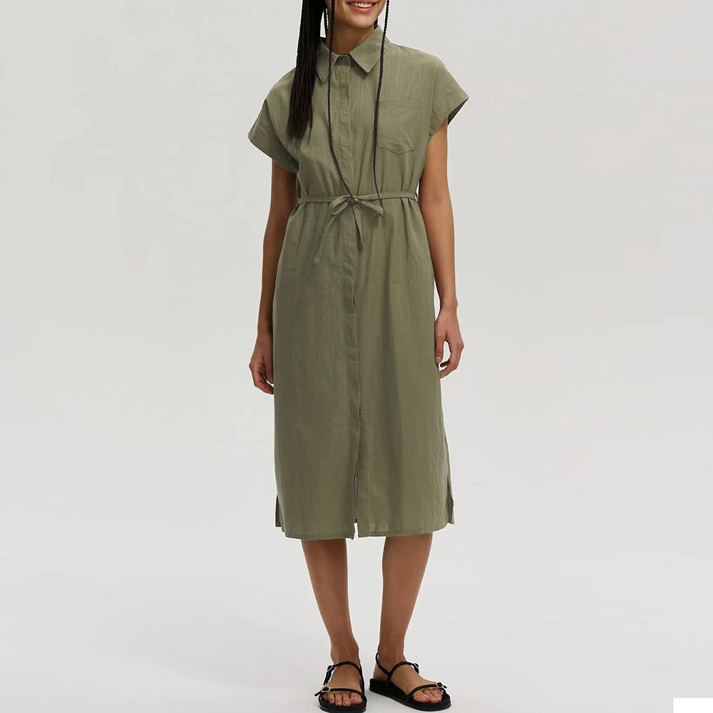 Vestido camisero largo holgado con cuello y cintura de botonadura sencilla para mujer