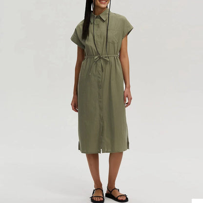 Vestido camisero largo holgado con cuello y cintura de botonadura sencilla para mujer