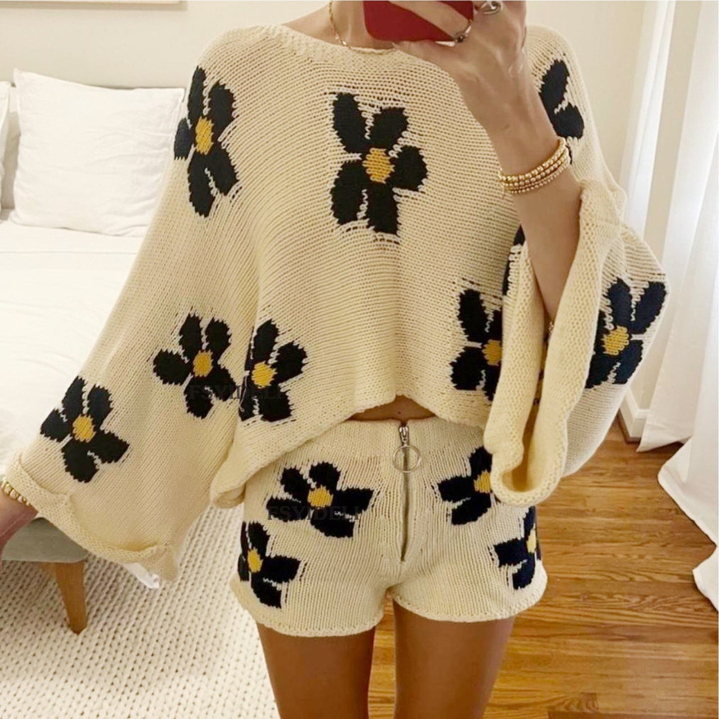 Ropa de mujer, pantalones cortos de lana de manga larga con estampado floral, ropa de casa de dos piezas