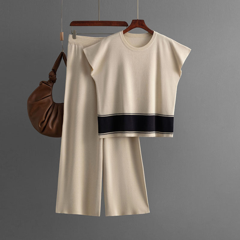 Traje de mujer, ropa de punto, pantalones holgados, adelgazantes, de cintura alta y piernas anchas, traje de dos piezas