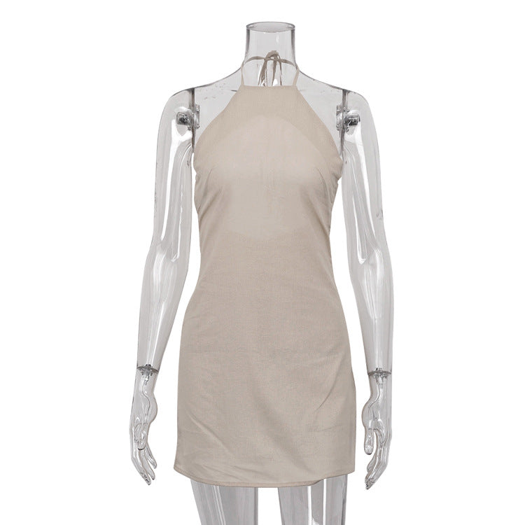 Vestido de verano de lino y algodón para mujer, sexy, sin espalda, con cuello halter y cordones.
