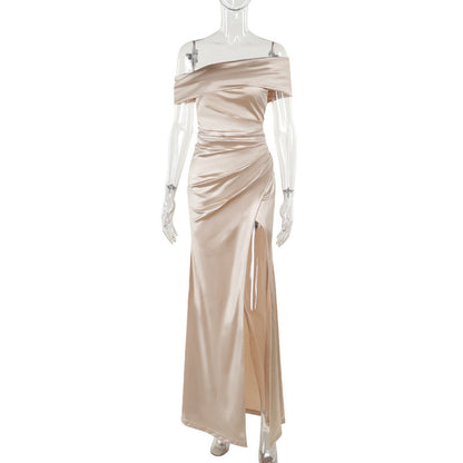 Vestido mercerizado con hombros descubiertos y abertura para mujer, ropa de alta sociedad, vestido maxi sexy con abertura