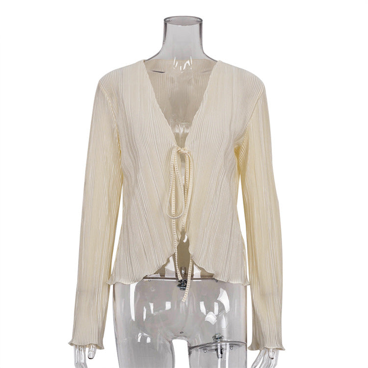 Cárdigan de verano con cordones, sexy, ajustado, acampanado, camisa plisada de manga larga para mujer, con textura francesa