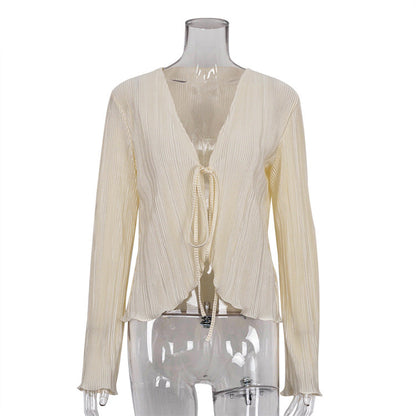 Cárdigan de verano con cordones, sexy, ajustado, acampanado, camisa plisada de manga larga para mujer, con textura francesa