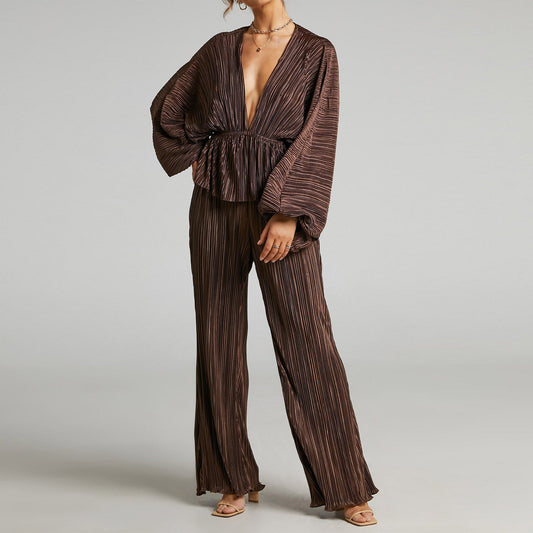 Conjunto de ropa para mujer, otoño invierno, cintura alta elástica plisada, escote en V profundo, pantalones de pierna ancha sexys e informales, conjunto de dos piezas
