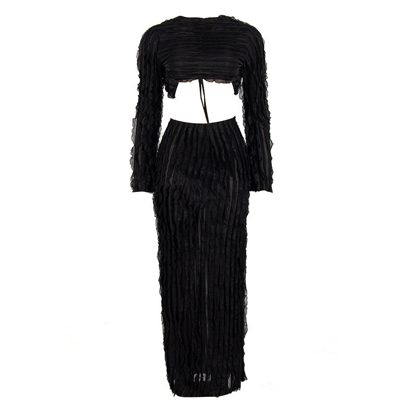 Vestido tubo de otoño de color liso con cuello redondo y mangas largas, top corto, traje para mujer