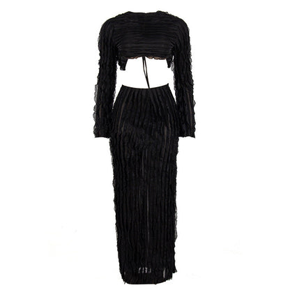 Vestido tubo de otoño de color liso con cuello redondo y mangas largas, top corto, traje para mujer
