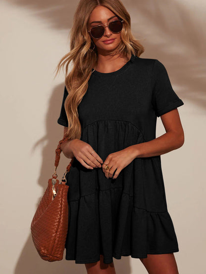Vestido informal de verano con bolsillos, cuello redondo, manga corta, plisado y holgado para mujer