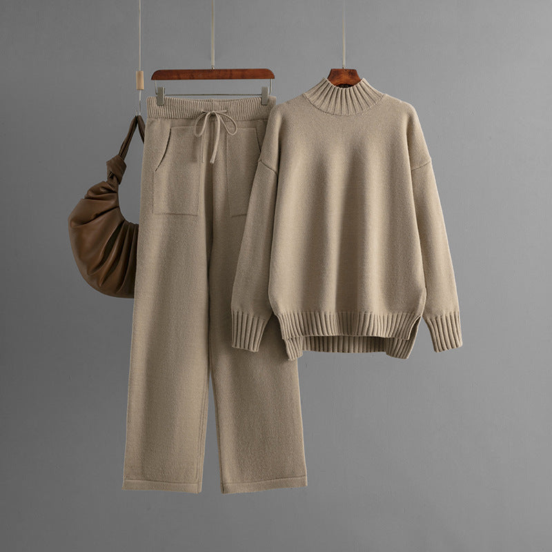 Traje de punto resistente al frío para mujer, suéter grueso y holgado, cuello medio alto, manga larga, traje de dos piezas para mujer