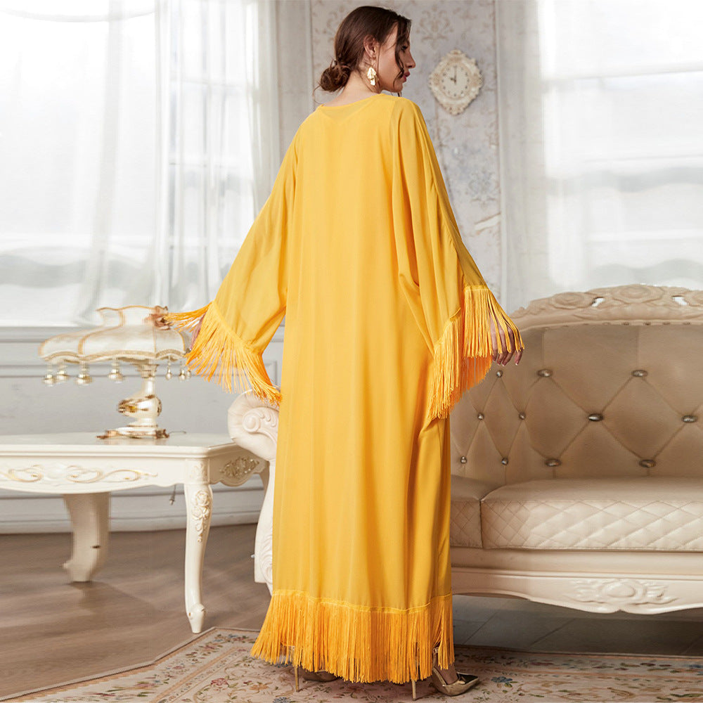Ropa para mujer, llegada, blusa larga con borlas, vestido de malla, traje de otoño de color liso