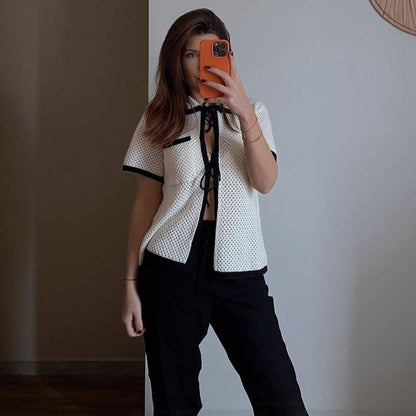 Traje de playa bohemio con cuello a rayas y bolsillo de manga corta, falda larga de color contrastante para mujer