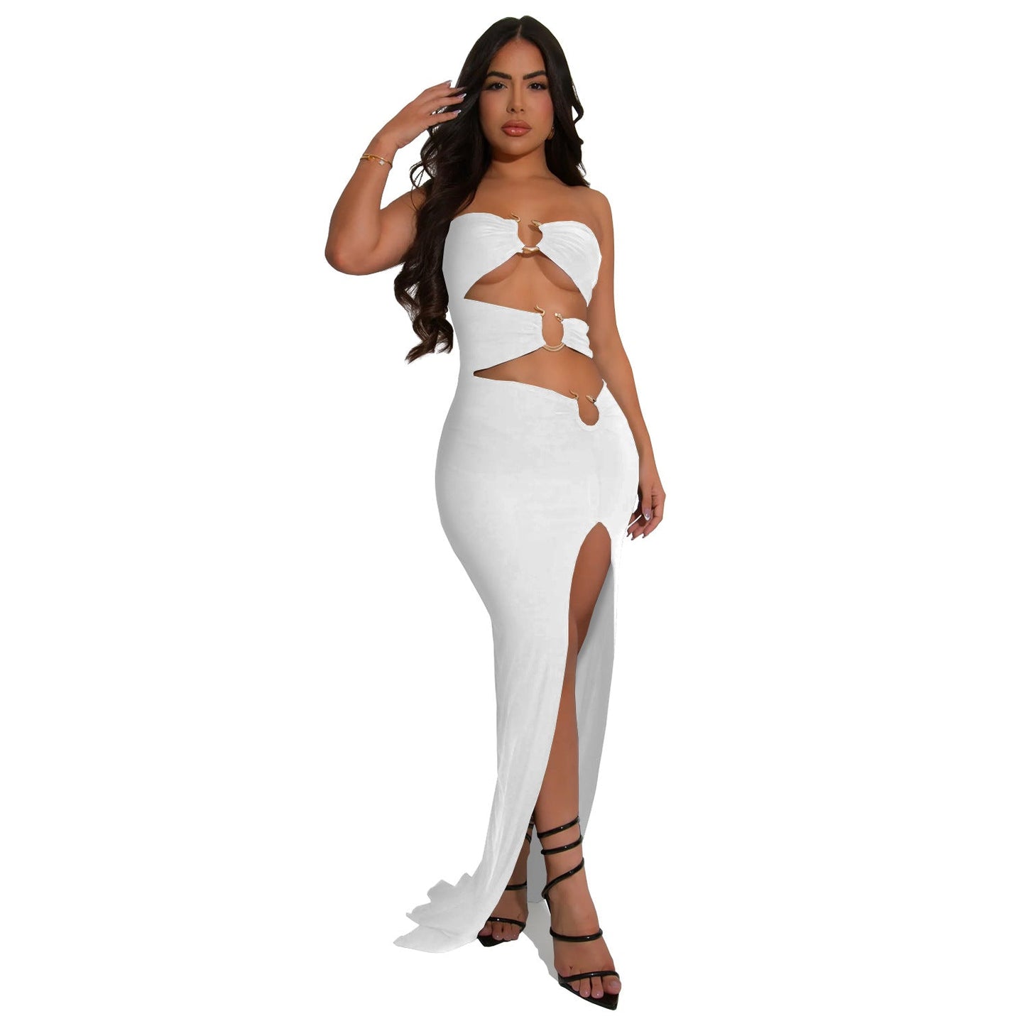 Vestido largo ajustado con abertura sexy de color sólido para mujer