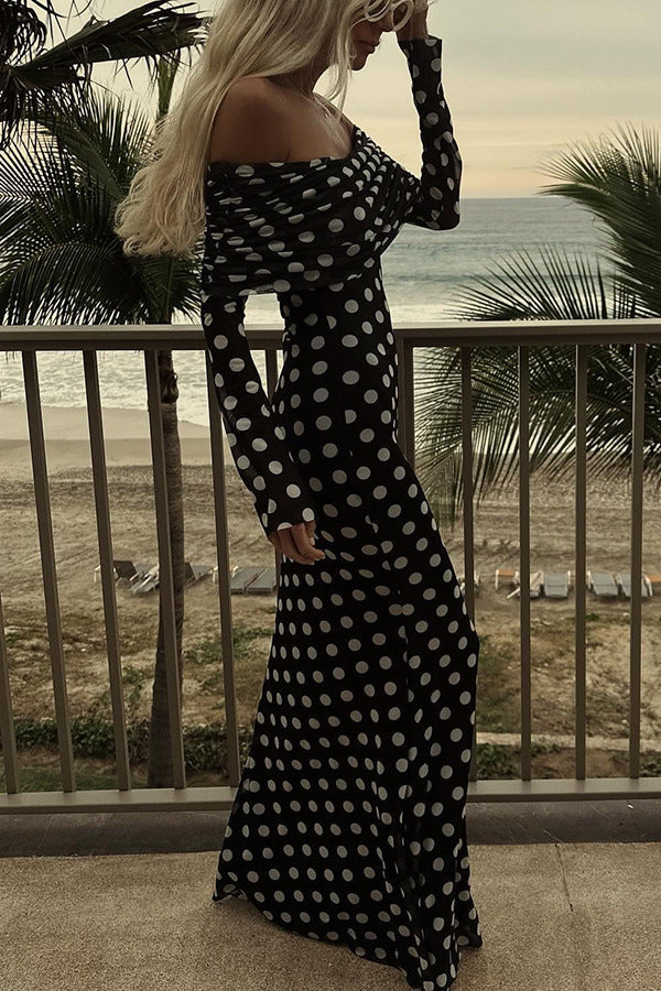 Vestido ajustado sexy con hombros descubiertos y costura de lunares de gasa para primavera y verano para mujer