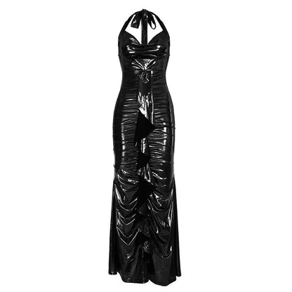 Vestido sexy elegante con revestimiento brillante, espalda descubierta, con cordones, cuello alto, corte entallado, vestido tubo