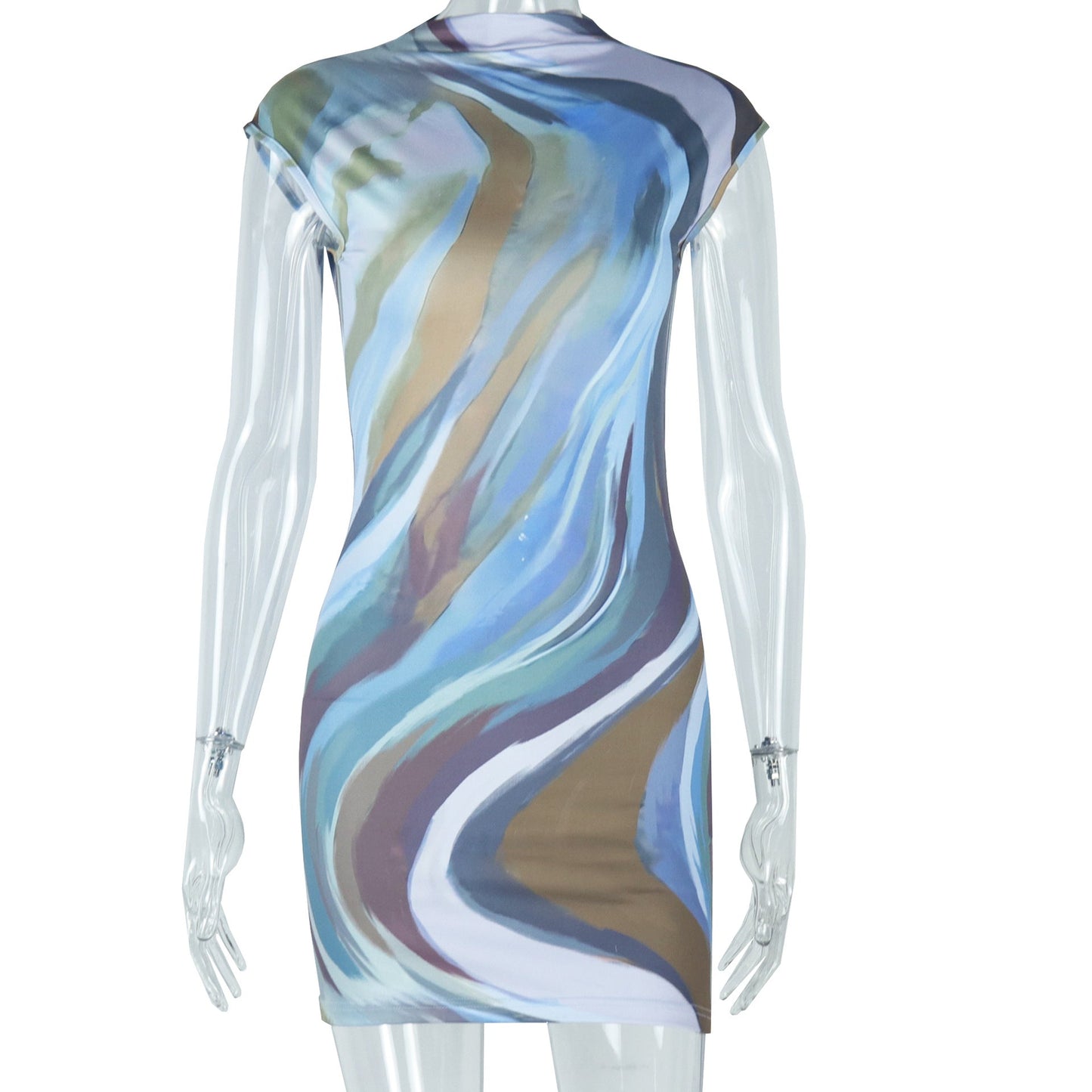 Elegante vestido corto sin mangas con cuello alto, estampado, espalda descubierta, ajustado y favorecedor de figura para mujer