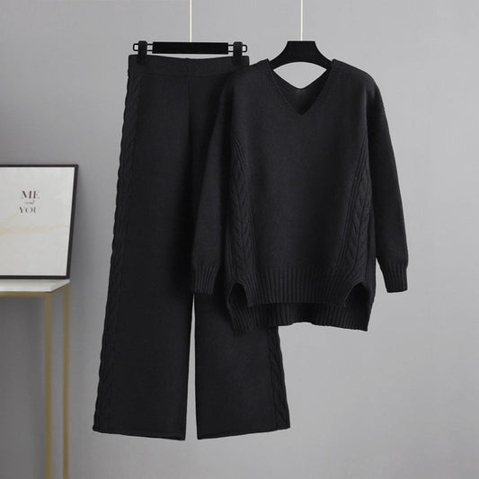 Suéter de punto con pantalones anchos para mujer, traje coreano holgado y grueso de otoño
