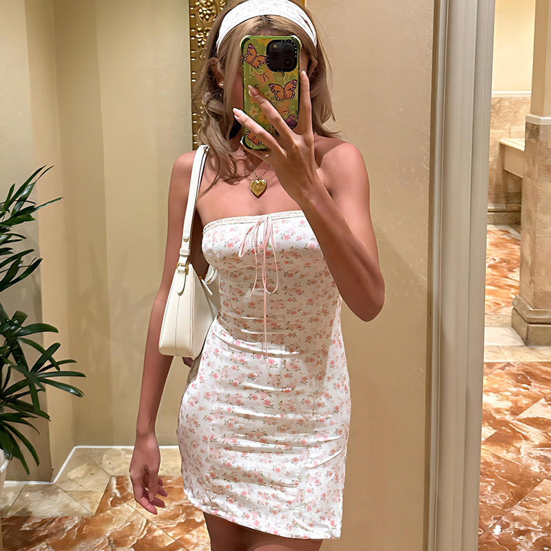 Vestido floral para mujer, fresco, dulce, sexy, con escote en V y espalda anudada.