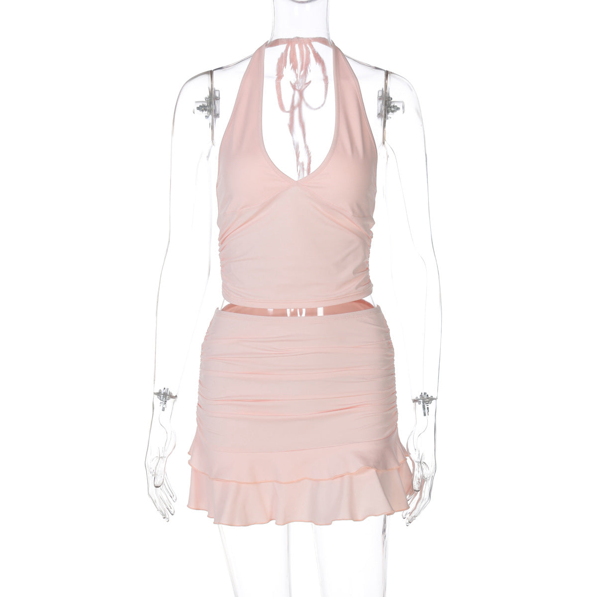 Conjunto de dos piezas de falda con orillo de color liso, sexy, escote en V, ahuecado, con escote halter, ajustado, ultracorto