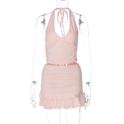 Conjunto de dos piezas de falda con orillo de color liso, sexy, escote en V, ahuecado, con escote halter, ajustado, ultracorto