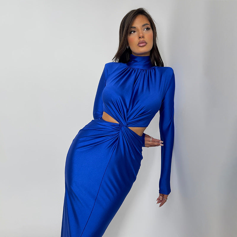 Vestido plisado sexy de manga larga con cuello medio alto y costuras para mujer, sin espalda, para invierno
