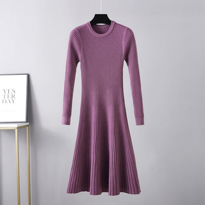 Vestido ajustado de otoño-invierno para mujer, vestido de longitud media, cuello redondo, color liso, prenda interior, suéter básico, vestido de corte A