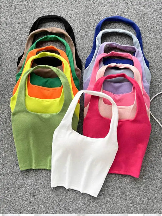 Camisola de verano con cuello halter y hombros descubiertos, sin mangas, ajustada, moda coreana para mujer 2025, ropa de calle lisa, básica, sexy, sin mangas