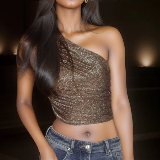 Off Shoulder Shiny Silk Pleated Tank Top Summer Crop Top Irregular Women’s Sexy Club Sleeveless Camisole
