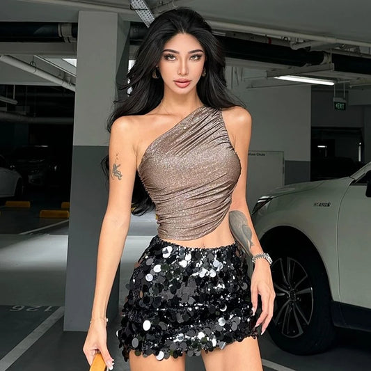 Off Shoulder Shiny Silk Pleated Tank Top Summer Crop Top Irregular Women’s Sexy Club Sleeveless Camisole