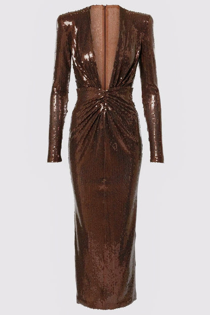 Vestido midi de lentejuelas con escote en V profundo de Linda 