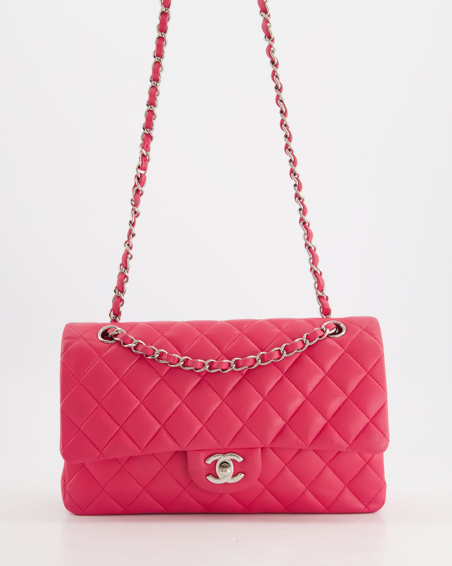 Chanel Hot Pink Medium Classic Double Flap Bag in Lambskin Leather with Silver Hardware