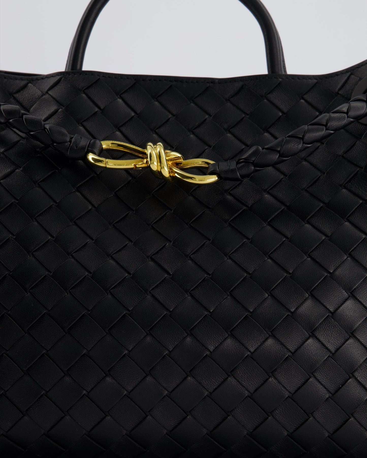 Bottega Veneta Black Andiamo Medium Intrecciato Leather Top Handle Bag with Sliding Cross-Body and Gold Knot Hardware RRP £4,030